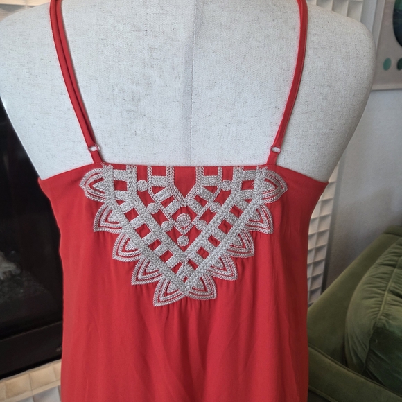THML Boho Embroidered Vibrant Orange Red Maxi Dress, Spaghetti Straps - Large - Picture 5 of 9